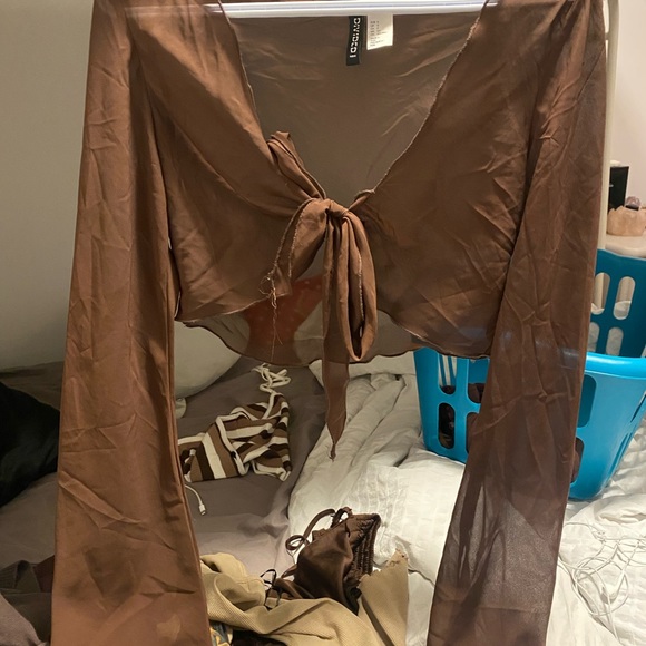 bell sleeve brown front tie sheet top - Picture 2 of 4